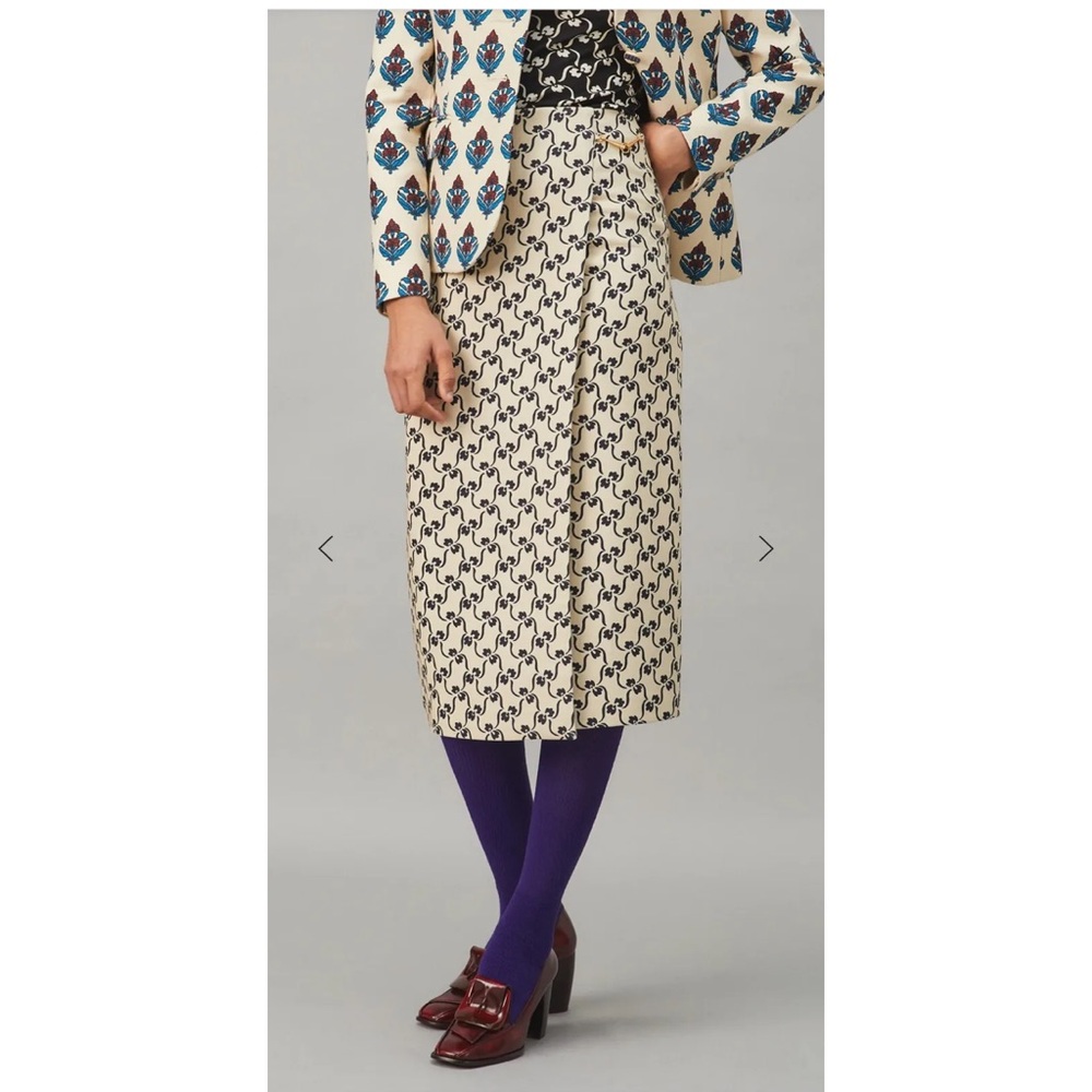 Tory Burch Twill Crepe Wrap Skirt with Navy Stencil Floral